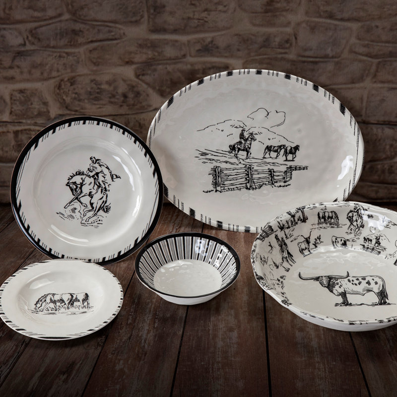 Ranch Life White Black Melamine Western Rustic Farmhouse 14 Piece Dinnerware Set Service for 4